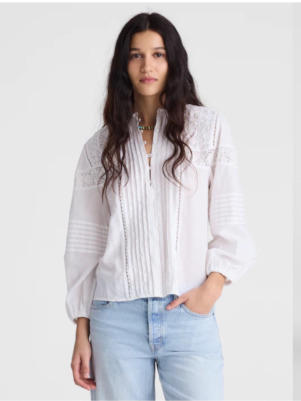 Madewell Ruffled High-Neck Pintuck Blouse - White Lace-Trim Blouse